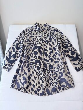 iLinen Lifestyle Leopard Print 100% Linen Collared ButtonUp 3/4 Sleeve Blouse S